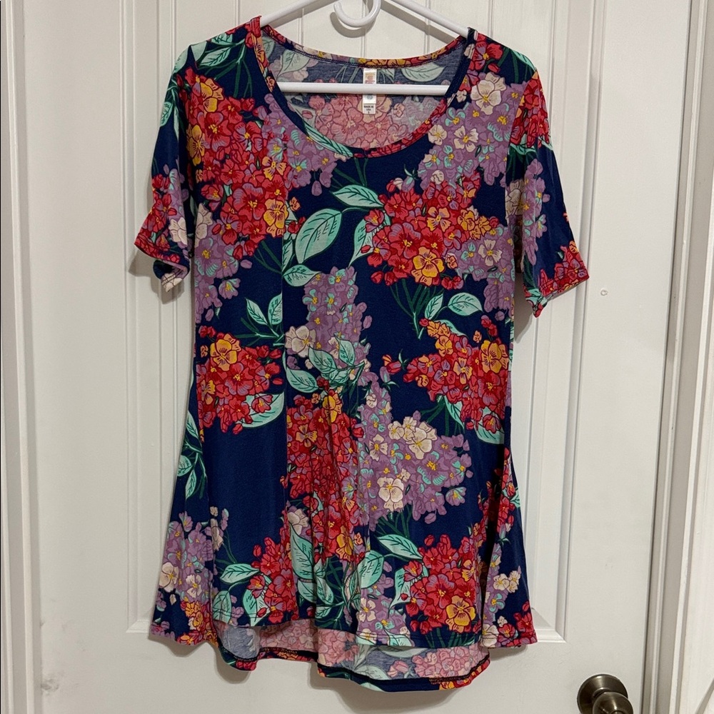 LuLaRoe Navy Floral Short Sleeve Tunic with Red, Purple and Green Accents
